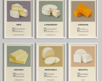 Cheese Print Set of 6 | Minimalist Kitchen Wall Art | Cheese Pairing Chart