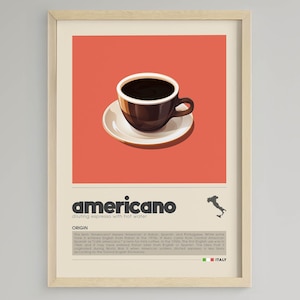 Könnte beinhalten: Ein gerahmter Druck mit einer braunen Kaffeetasse und Untertasse vor rotem Hintergrund. Das Wort "americano" wird angezeigt, mit dem Satz "Espresso mit heißem Wasser verdünnen" darunter. Der Druck enthält Text über den Ursprung des Getränks und eine Karte von Italien.