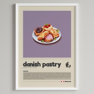 Póster de pastelería danesa / Postre danés minimalista Art Déco / Decoración de pared para cocina, cafetería y panadería / Impresión de arte mural imprimible con descarga digital
