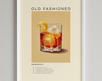 Old Fashioned Cocktail Art Print | Bar Cart Wall Decor | Printable Alcohol Wall Art Poster | Digital Download | Cocktail Whiskey Lovers Gift