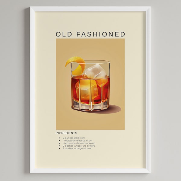 Old Fashioned Cocktail Art Print | Bar Cart Wall Decor | Printable Alcohol Wall Art Poster | Digital Download | Cocktail Whiskey Lovers Gift