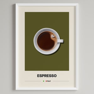 Può includere: Una tazza bianca di caffè espresso su uno sfondo verde. Il testo "ESPRESSO" e "ITALIA" è sotto la tazza.