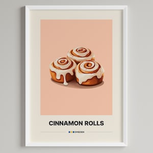 Könnte beinhalten: Drei Zimtschnecken mit weißem Frosting und einer hellbraunen Kruste auf rosa Hintergrund. Der Text "CINNAMON ROLLS" befindet sich unter den Schnecken, und "SWEDEN" darunter.