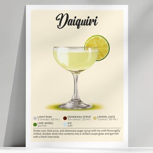 印刷可能な5x7ダイキリレシピカードセット | デジタルカクテルサンキューカード | バーカートアート | カクテル愛好家へのギフト | すぐにダウンロード