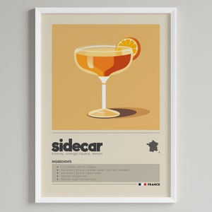 Impresión de cóctel Sidecar / Decoración minimalista de carrito de bar / Arte mural imprimible con descarga digital / Regalo para amantes del coñac francés
