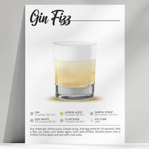 Printable 5x7 Gin Fizz Recipe Card Set | Digital Cocktail Guide & Thank You Card | Bar Cart Art | Cocktail Lover Gift | Instant Download