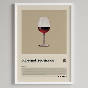 Op de afbeelding: Een digitale illustratie van een glas rode wijn met de tekst "cabernet sauvignon" en "vol en krachtig rode wijn" onder het glas. De tekst "ORIGIN" wordt gevolgd door een alinea die de oorsprong van de wijn beschrijft. De Franse vlag is te zien onderaan de afbeelding.