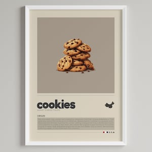 May include: A stack of chocolate chip cookies on a brown background. The text "cookies sweet baked treats" is at the top of the image. The text "ORIGIN" is below the cookies. The text below "ORIGIN" describes the history of the chocolate chip cookie. The text "U.S.A" is at the bottom of the image.