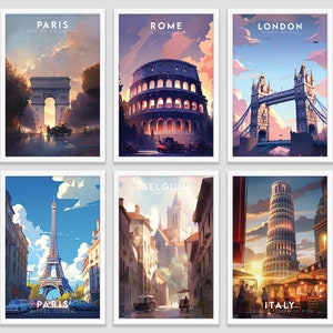 Set of 6 Colorful Europe Landmark Art Prints | Travel Poster Home Decor | Landmark Gallery Wall Art | Digital Download Printable Gift Set