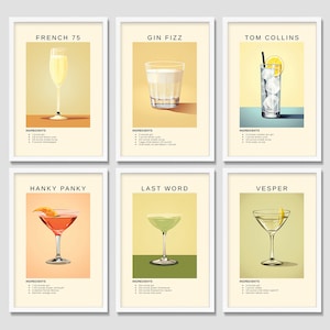 Conjunto de impresión de cóctel de ginebra de 6 / Bramble, Francés 75, Gimlet, Gin Fizz, Southside, Tom Collins / Conjunto de galería de arte de pared digital imprimible