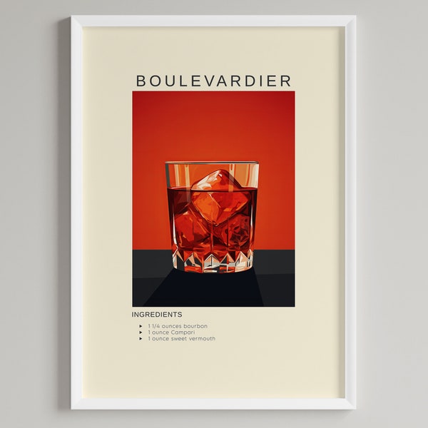 Boulevardier Cocktail Art Print | Bar Cart Wall Decor | Printable Alcohol Wall Art Poster | Digital Download | Cocktail Tequila Lovers Gift