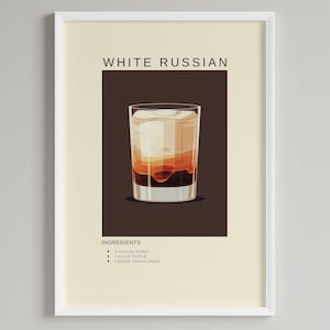 White Russian Cocktail Print | Minimalist Bar Cart Decor | Classic Drink Recipe | Printable Digital Download