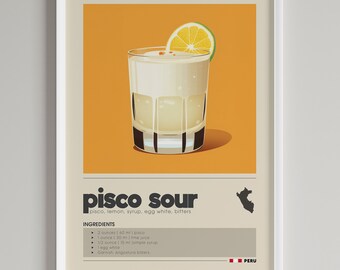 Pisco Sour Cocktail Recipe Print: Minimalist Bar Cart Decor (Digital Download)