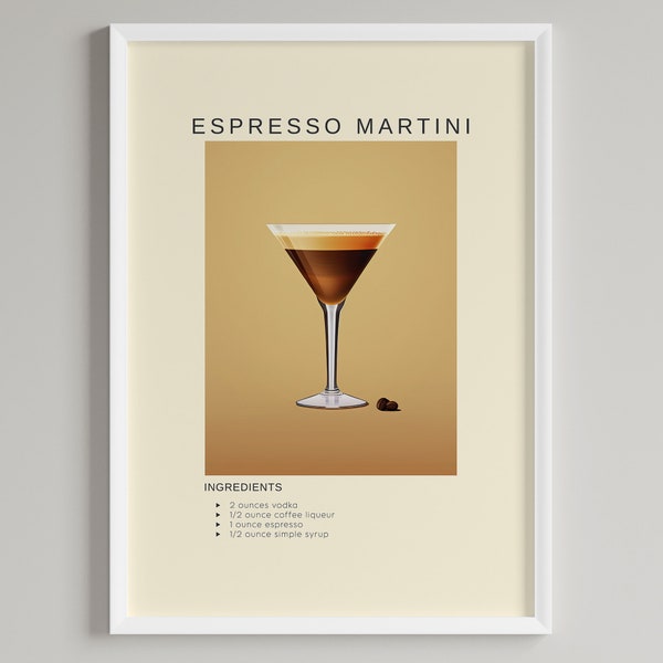 Impression d'art cocktail Martini expresso | Décoration murale artistique pour chariot de bar | Poster imprimable en téléchargement numérique | Cadeau pour les amateurs de cocktails et de martini