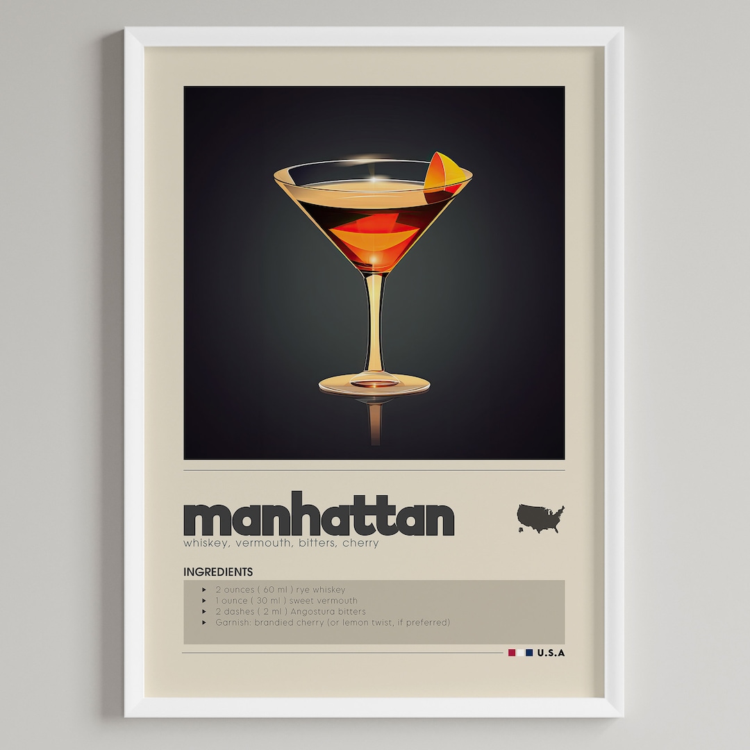 Manhattan Cocktail Recipe Print: Minimalist Bar Cart Art (digital