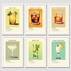 Rum Cocktail Print 6er-Set | Daiquiri, Mai Tai, Mojito, Old Fashioned, Pina Colada, Rum & Cola | Druckbare Digitale Wall Art Gallery Set