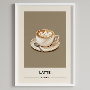 May include: A white ceramic cup with a brown latte art design, sitting on a white saucer with a silver spoon. The cup is on a brown background with the word "LATTE" and "ITALY" in black text below.