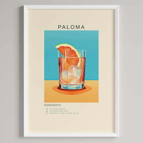 Impression d'art cocktail Paloma | Décoration murale pour chariot de bar | Poster d'art mural imprimable avec alcool | Téléchargement numérique | Cadeau cocktail pour les amateurs de tequila