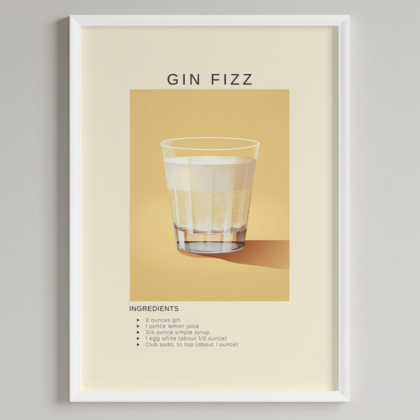 Gin Fizz Cocktail Art Print | Bar Cart Wall Decor | Printable Alcohol Wall Art Poster | Digital Download | Cocktail Gin Lovers Gift