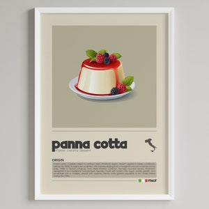 May include: A white panna cotta dessert topped with red berry sauce and fresh berries. The text "panna cotta" is written in black with the words "Italian creamy dessert" below it. The text "ORIGIN" is written in black with a description of the dessert's history and origin below it. The text "ITALY" is written in black with the Italian flag below it.