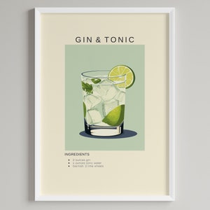 Plakat z koktajlem Gin & Tonic | Dekoracja baru | Minimalistyczny klasyczny wydruk drinka | Cyfrowe pobieranie Wydrukowana sztuka ścienna | Prezent dla miłośnika europejskiego ginu