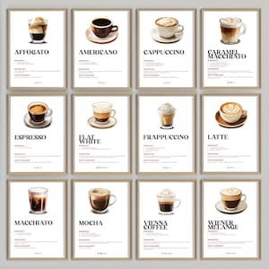 May include: Twelve framed prints showcasing different coffee varieties such as Affogato, Americano, Cappuccino, and Caramel Macchiato. Each print features a detailed illustration of the coffee, its name in bold text, and additional text below, all within a wooden frame.