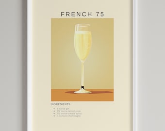 French 75 Cocktail Art Print | Bar Cart Wall Decor | Printable Alcohol Wall Art Poster | Digital Download | Cocktail Champagne Lovers Gift
