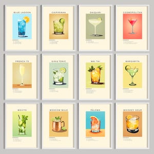 Set of 12 Classic Cocktail Print | Minimalist Bar Cart Decor | Digital Download Printable Wall Art Gallery