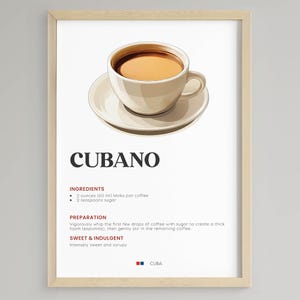 Könnte beinhalten: Gerahmter Druck mit einer Tasse kubanischen Kaffees, betitelt "Cubano". Das Bild zeigt eine weiße Tasse und Untertasse mit Kaffee. Der Text darunter beschreibt Zutaten und Zubereitung, einschließlich 60 ml Moka-Kaffee und 2 Teelöffel Zucker.