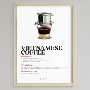 Può includere: Stampa incorniciata con un'illustrazione dettagliata del caffè vietnamita. L'immagine mostra un filtro phin sopra un bicchiere con strati di latte condensato e caffè. Il testo descrive gli ingredienti e la preparazione, con "VIETNAMESE COFFEE".
