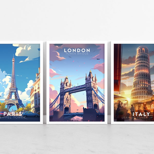 Europe Travel Poster Set of 3, Iconic Landmark Art Print, Home Decor Wall Art, Printable Digital Download Gallery Set Gift