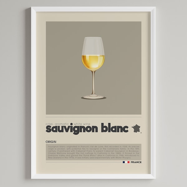 Sauvignon Blanc Poster | Minimalist Classic French White Wine Art Deco | Cafe Wall Art | Kitchen Decor | Digital Download PRINTABLE Art