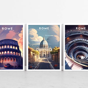 Conjunto de carteles de viaje de Roma de 3, decoración del hogar de arte de pared icónico de fama mundial, conjunto de regalos de galería de descarga digital imprimible