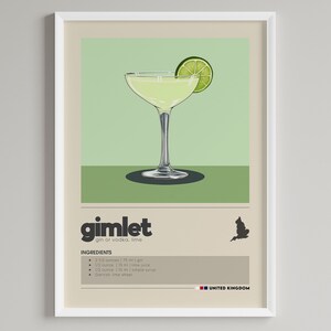 Póster de cóctel Gimlet / Decoración minimalista para carrito de bar / Amante de la ginebra / Descarga digital imprimible