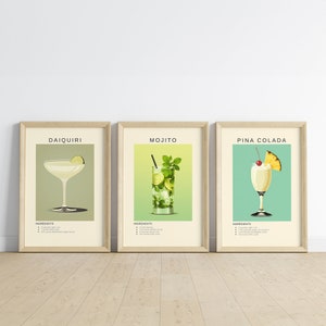 Conjunto de impresión de cóctel de ron de 3 / Daiquiri, Mojito, Piña Colada / Bar Cart Wall Art Gallery Set / Cartel de cóctel de descarga digital imprimible
