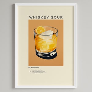 Whiskey Sour Cocktail Print | Minimalist Bar Cart Decor | Classic Drink Recipe | Printable Digital Download | Bourbon Lovers Gift