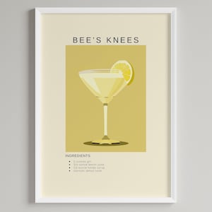 Bee's Knees Cocktail Poster | Barwagen Dekor | Minimalistischer klassischer Getränkedruck | Digitaler Download druckbare Wandkunst | Alkohol Gin Liebhaber Geschenk