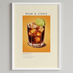 Rum & Cola Cocktail Kunstdruck | Bar Warenkorb Wand Dekor | Alkohol Wand Kunst Poster Druckbares Poster | Digitaler Download | Cocktail-Rum-Liebhaber-Geschenk