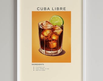 Cuba Libre Cocktail Recipe Art Print: Bar Cart Decor (Digital Download)