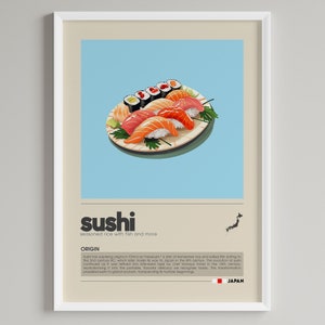 Póster de sushi / Arte minimalista de comida japonesa / Decoración de cocina / Arte mural de restaurante / Impresión mural imprimible con descarga digital / Regalo para amantes de la comida