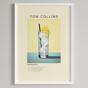 Tom Collin Cocktail-Druck | Minimalist Barwagen Dekor | Klassisches Getränke-Rezept | Druckbare Digitaler Download | Gin Liebhaber Geschenk