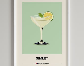 Puede incluir: Una ilustración verde y blanca de un cóctel Gimlet en una copa de martini con una rodaja de lima y una ramita de menta. El texto "GIMLET" y "REINO UNIDO" está debajo de la imagen.
