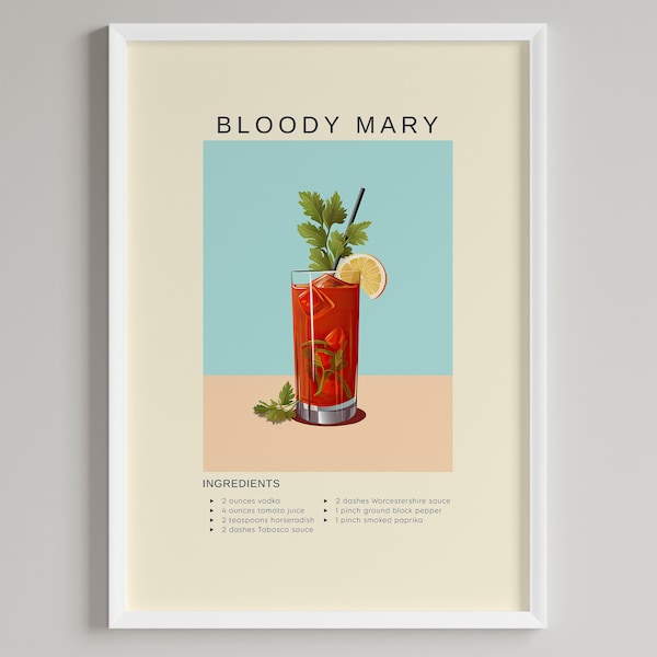 Bloody Mary Cocktail Art Print | Bar Cart Art Wall Decor | Printable Digital Download Poster | Gift for Cocktail and Brunch Lovers