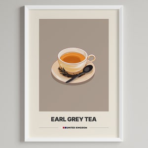 Könnte beinhalten: Ein Poster mit einer minimalistischen Illustration einer Tasse Earl Grey Tee auf einem Untersetzer mit einem Löffel. Der Text "EARL GREY TEA" befindet sich unter dem Bild, und "UNITED KINGDOM" befindet sich unter dem Text.