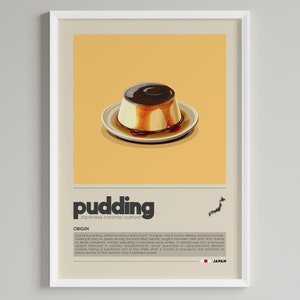 May include: A poster with a yellow background and a white frame. The poster features a cartoon illustration of a Japanese caramel custard pudding, called "purin" in Japanese. The text on the poster reads "pudding, Japanese caramel custard, Origin: Custard pudding, affectionately called "purin" in Japan, has a history deeply rooted in Europe. Finding its way to Japan during the early Meiji period, roughly between 1858 and 1912, thanks to British influence: initially debuting in European-style hotels, it transitioned into a beloved dessert featured in yoshoku establishments, which specialize in Japanese-style Western cuisine, taking a significant turn in the 1960s when it soared in popularity and solidified its place as one of the nation's most cherished sweets. JAPAN"