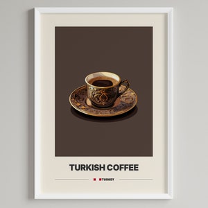 May include: A traditional Turkish coffee cup and saucer with intricate gold designs on a dark brown background. The text "TURKISH COFFEE" and "TURKEY" is below the image.