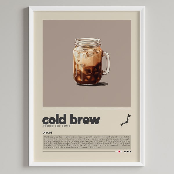 Cold Brew Poster | Minimalist Japanese Coffee Art | Caffe Illustration | Cafe Wall art | Kitchen Decor | Digital Download PRINTABLE Art