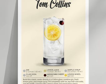 Tom Collins Recipe Print: Classic Gin Cocktail Bar Art (Digital Download 5x7 PNG & PDF)