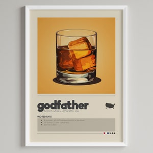 Godfather Cocktail Print | Bar Cart Decor | Minimalist Classic Drink Poster | Digital Download Printable Wall Art | Bourbon Lover Gift
