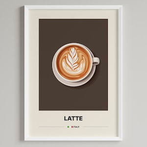 Op de afbeelding: Een witte keramische mok met een bruine latte erin. De latte heeft een wit schuimontwerp erop. De mok staat op een witte schotel. De achtergrond is bruin. De tekst "LATTE" en "ITALIË" staat onder de mok.